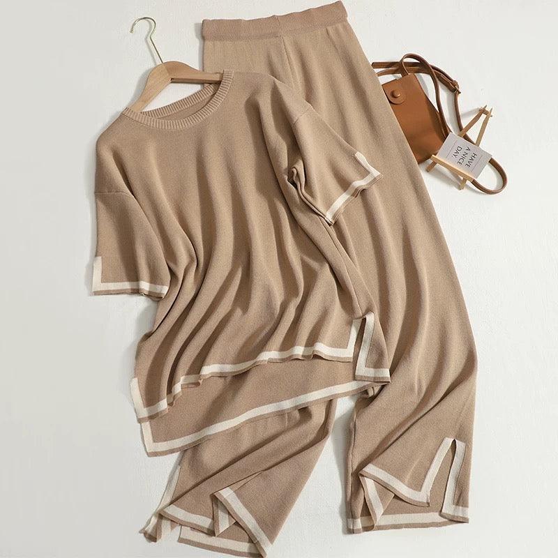 Flexxi Knitted Cotton Co-ord Set In Brown