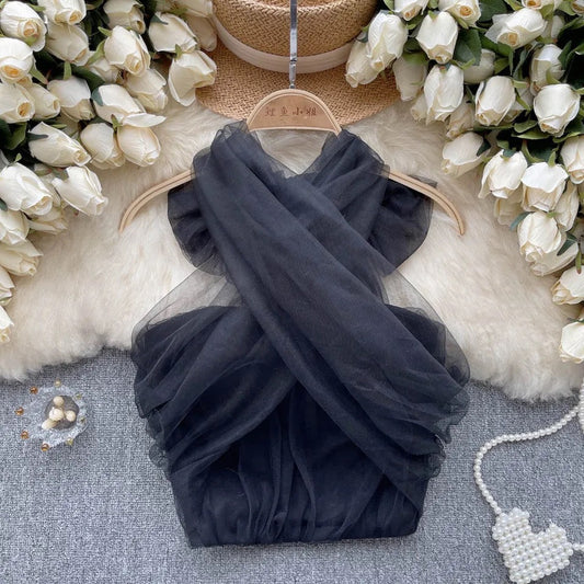 Lorre Summer Tops with Inbuilt Bra In Black