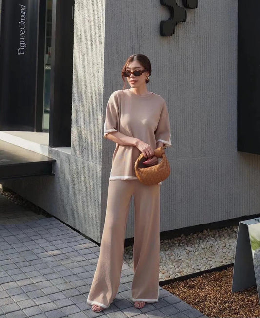 Flexxi Knitted Cotton Co-ord Set In Brown