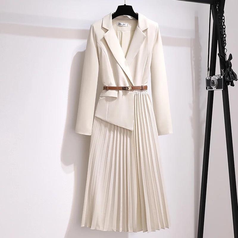 Nova Elegant Pleated Blazer Dress In Off white