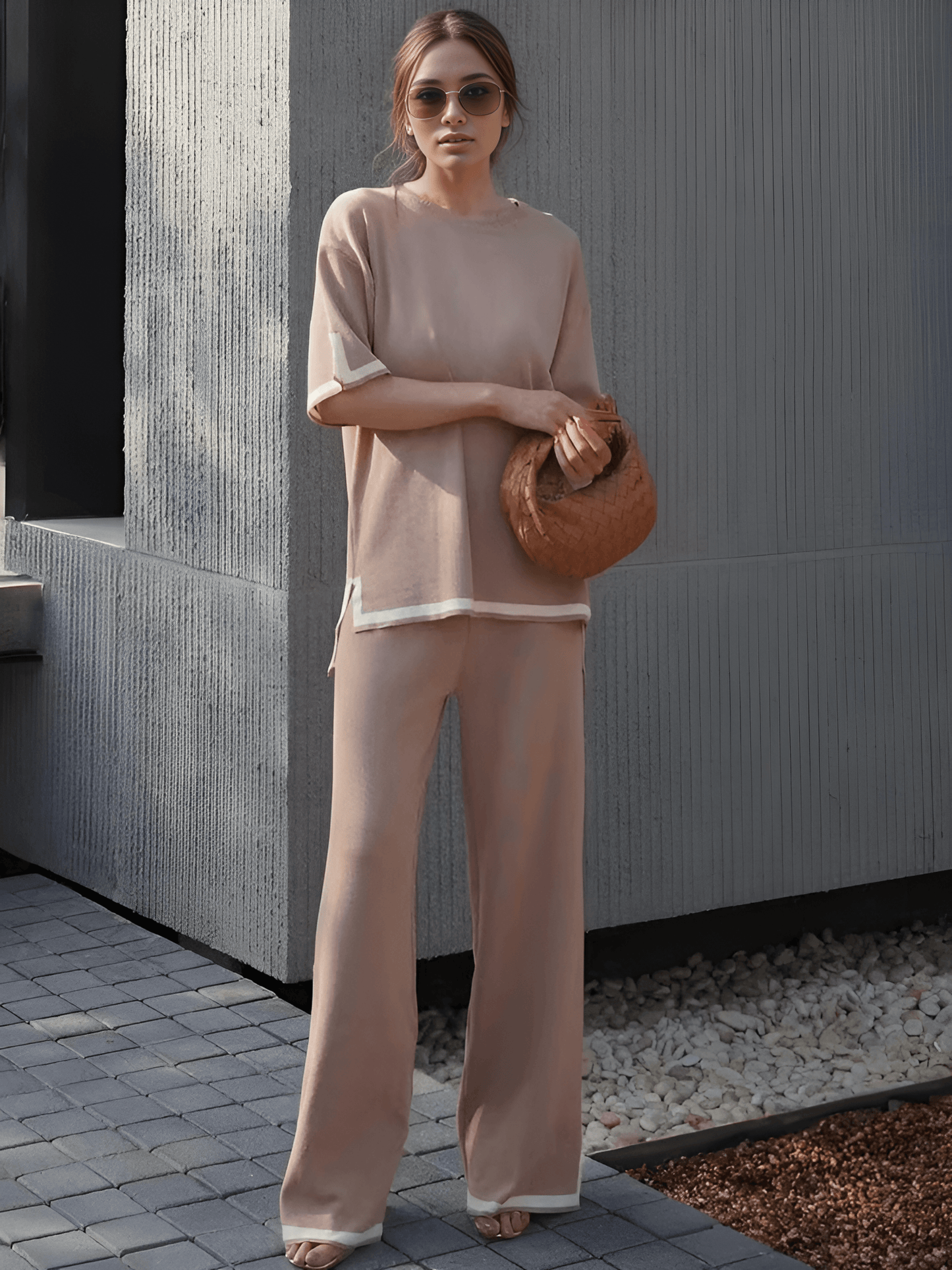 Flexxi Knitted Cotton Co-ord Set In Brown