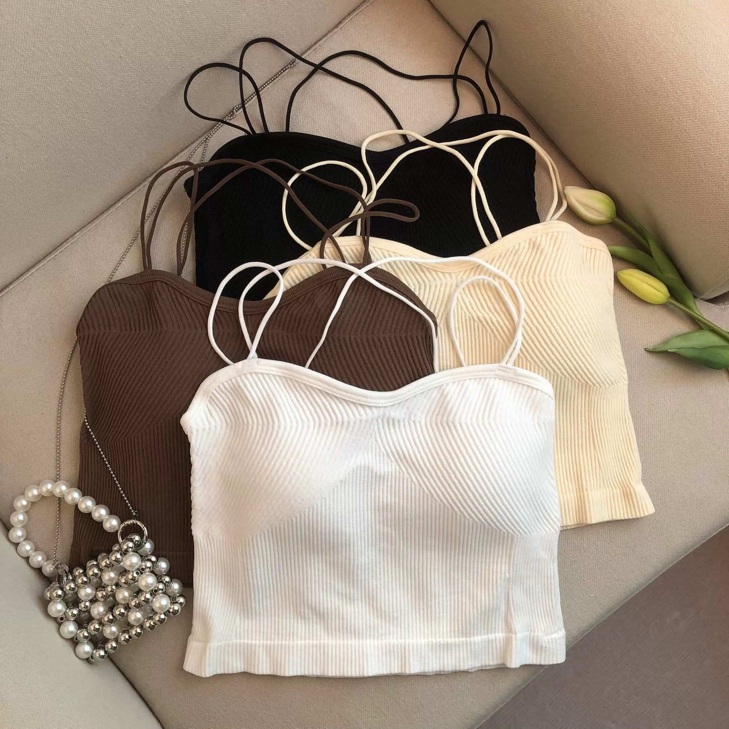 Leddo Tank Tops with Inbuilt Bra In Pale Yellow