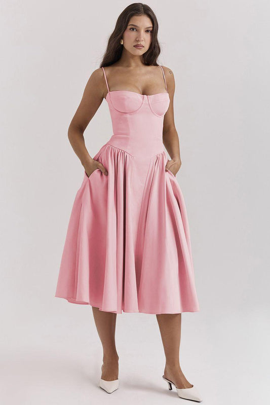 Agastha Midi Vintage Retro Dress In Peach