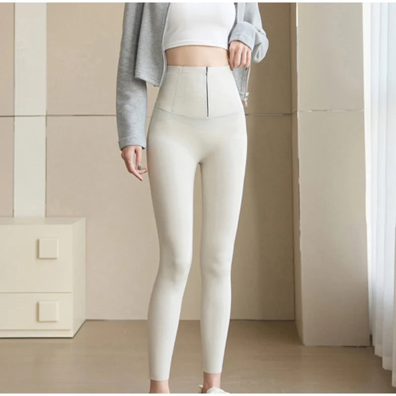 Martha Slimming Premium Fleece Leggings with Buttons In Olive