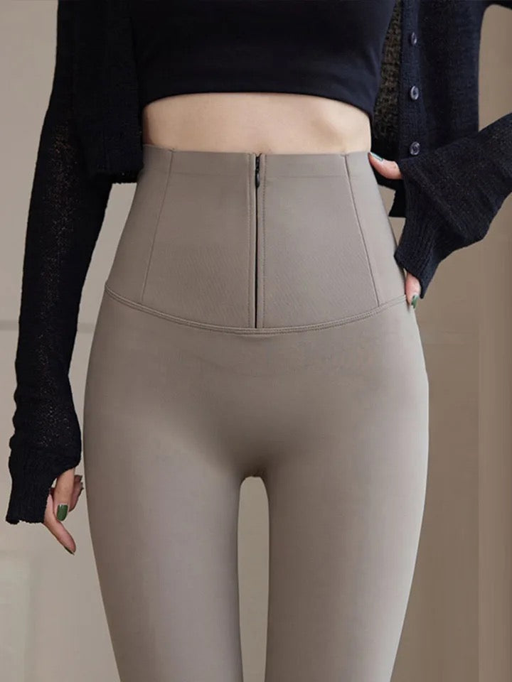Martha Slimming Premium Fleece Leggings with Buttons In Olive