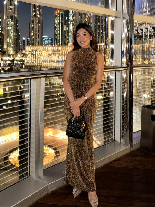 Miro Sequined Party Maxi Dress in Gold