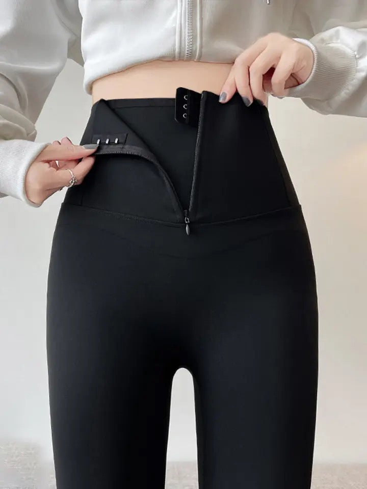 Martha Slimming Premium Fleece Leggings with Buttons In Olive
