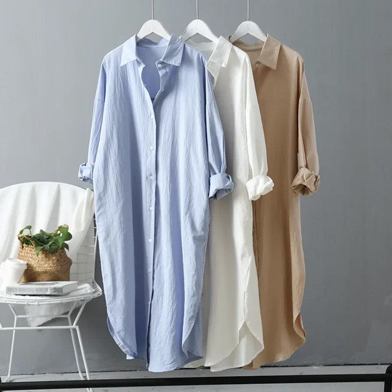 Lumia Luxe Cotton Long Shirt/ Dress In Khaki