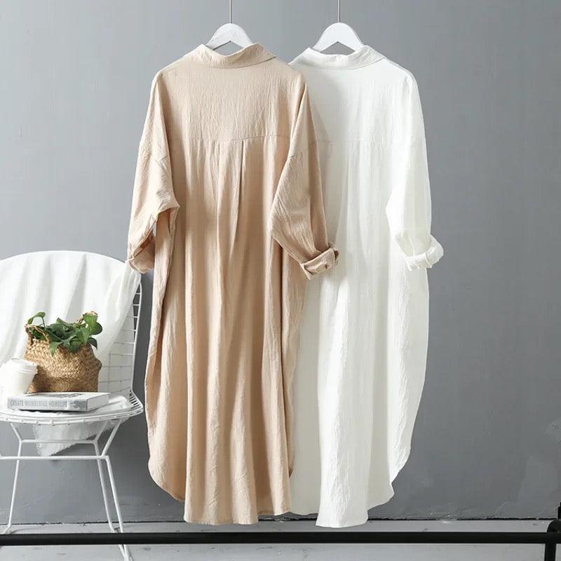 Lumia Luxe Cotton Long Shirt/ Dress In Khaki