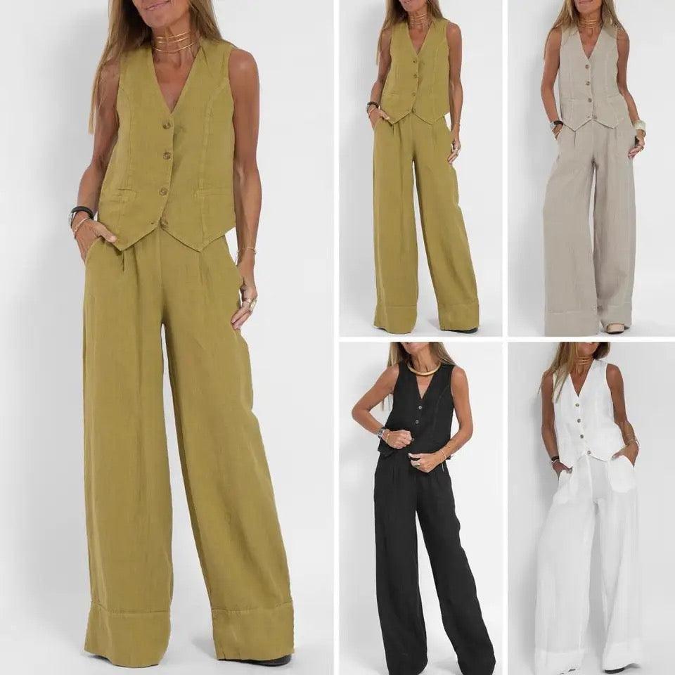 Laiden Statement Linen Vest Suit with Pants In White
