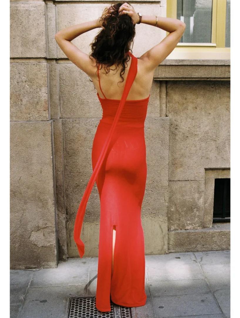 Saddle Statement Bodycon Dress With Attached Scarf In Red