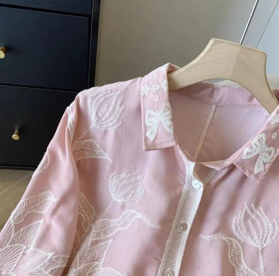 Deli Premium Embroidered Cotton Shirts In Pink