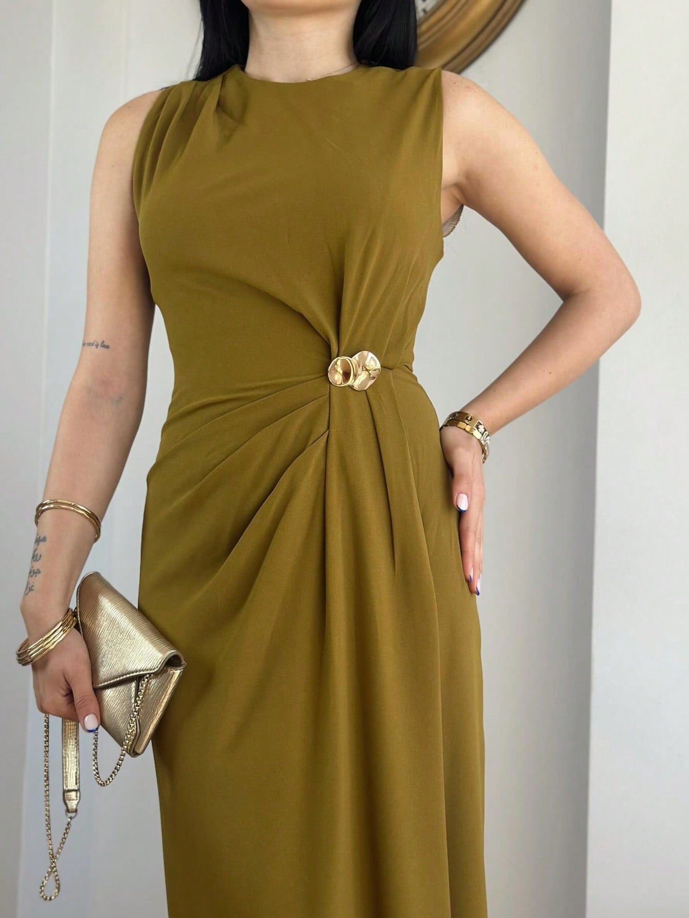 Desmia Luxe Slit Maxi Dress In Olive