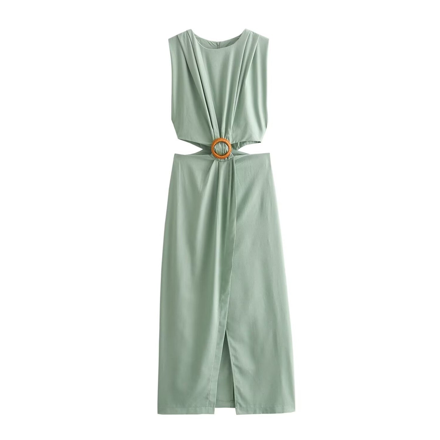 Galina Waist Cut-Out Slit Dress In Pista Green