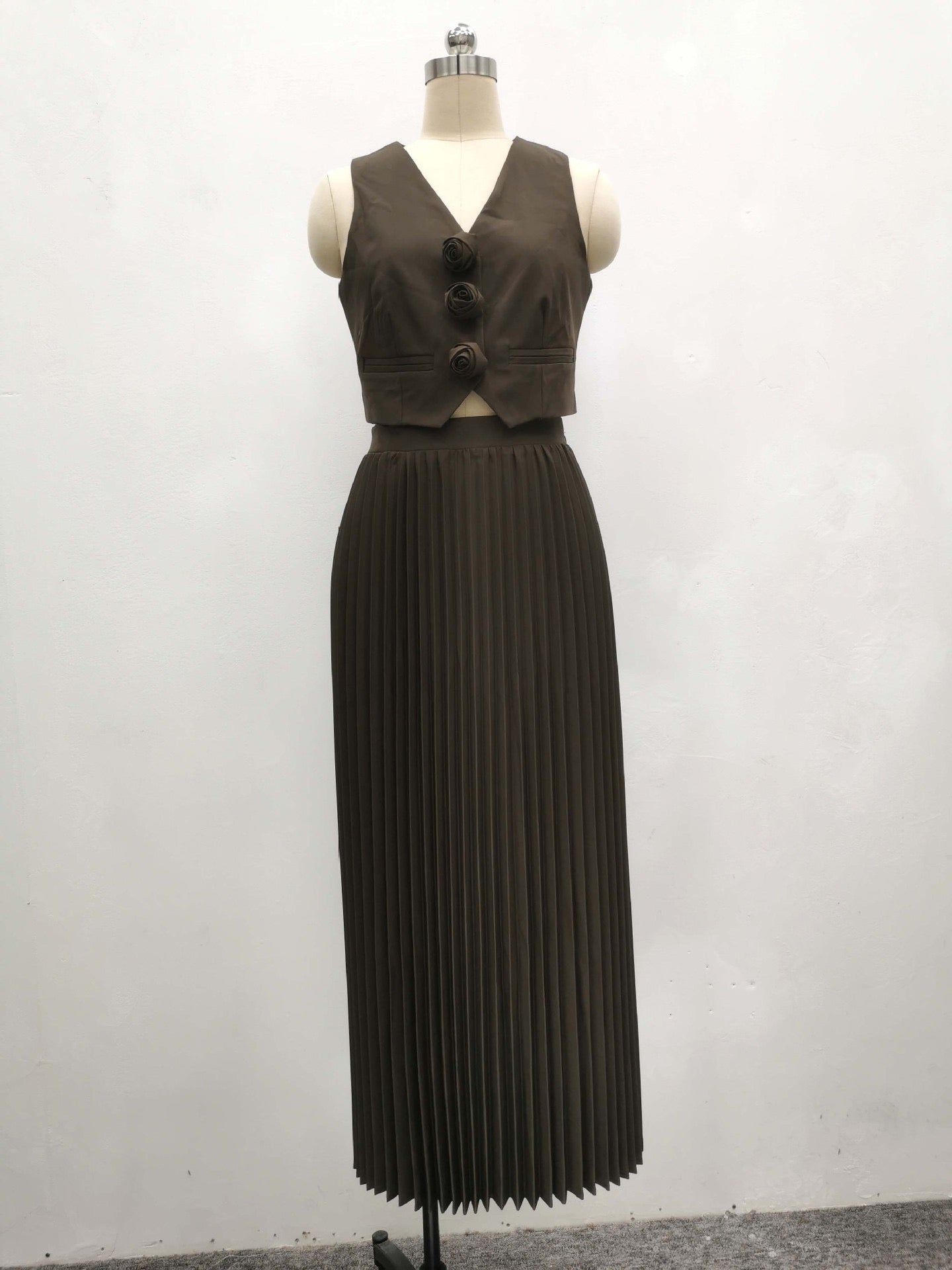 Sarine Luxe Vest Suit With Skirt In Brown