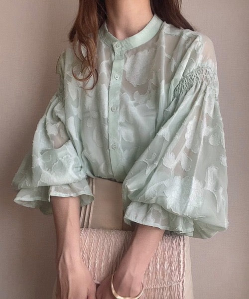 Natala Puffed Sleeve Formal Shirt In Pista Green