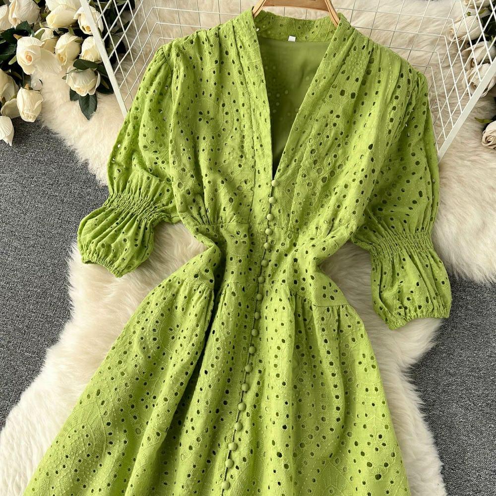 Luna Summer Cotton Eyelet Dress In Green