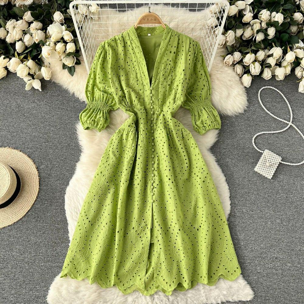 Luna Summer Cotton Eyelet Dress In Green