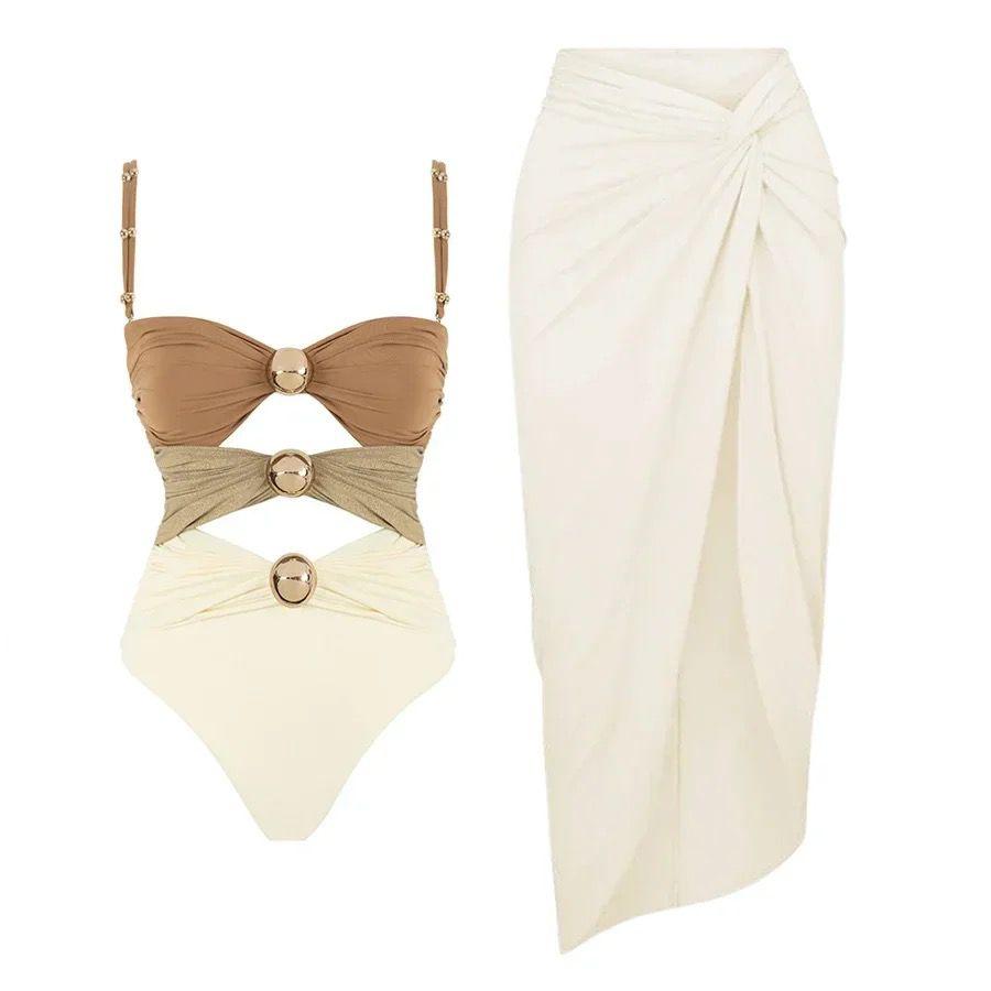 Mariku Luxe Swimsuit with Skirt In Beige