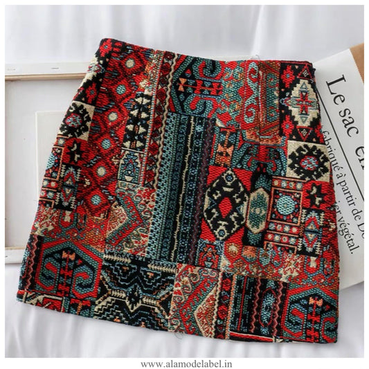 Vintage Tesla Embroidered Skirt In Red