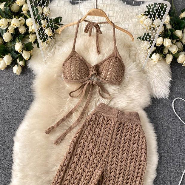 Silvia Crochet Coord Set In Brown