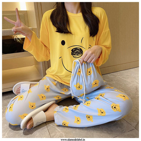 Iris Set of Cotton Nightsuit with Bag In Yellow