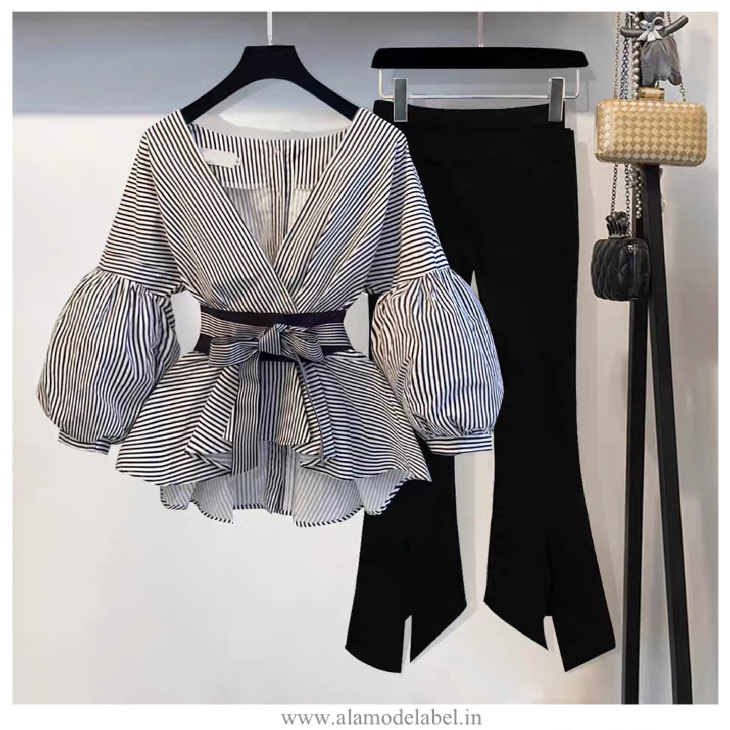 Luxury Bubble Sleeve Top with Pants - Striped