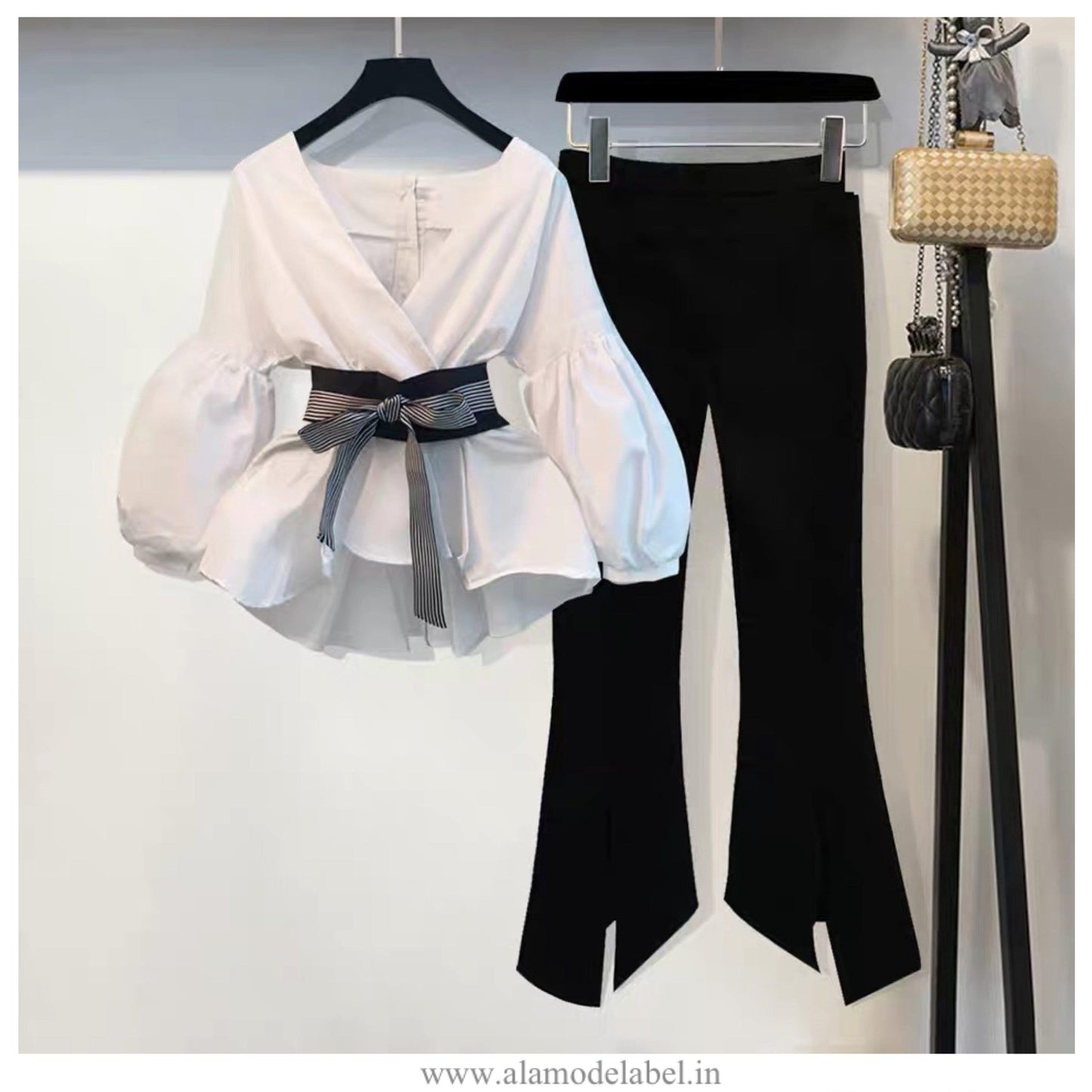 Luxury Bubble Sleeve Top with Pants - White