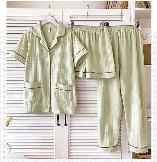 Paula 3 Pc Set Cotton Nightsuits In Pista Green