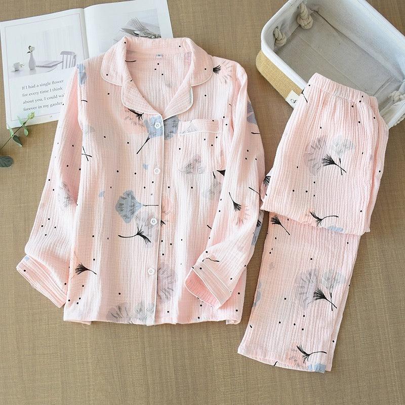 Feather Cotton Gauze Nightsuits In Pink