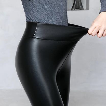 Roy Leather Slimming Premium Fleece Leggings In Brown