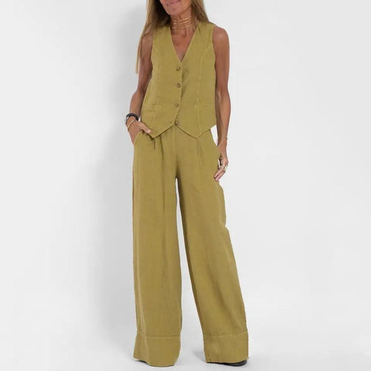 Laiden Statement Linen Vest Suit with Pants In Olive