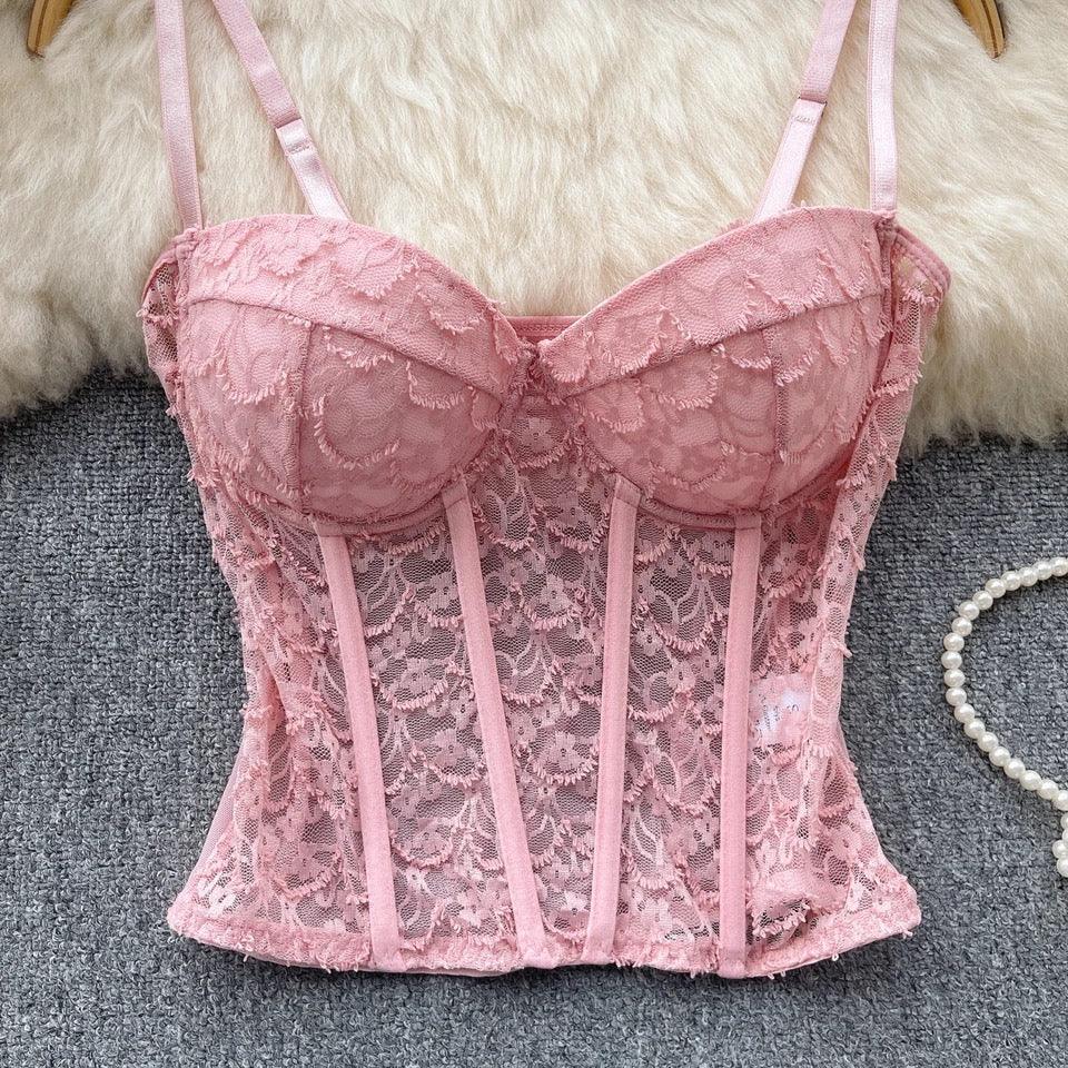 Louvre Corset Mesh Top in Pink
