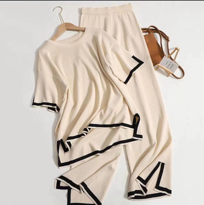 Flexxi Knitted Cotton Co-ord Set In Beige