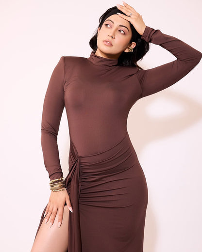 Alina Statement  Slit Cut Maxi Dress In Brown