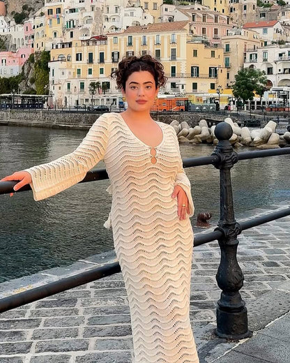 Shirly Luxe Crochet Knit Dress -Resortwear In Beige