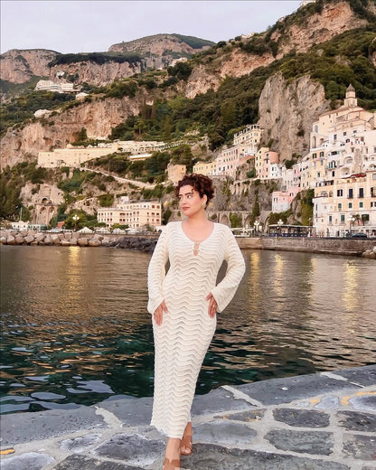 Shirly Luxe Crochet Knit Dress -Resortwear In Beige