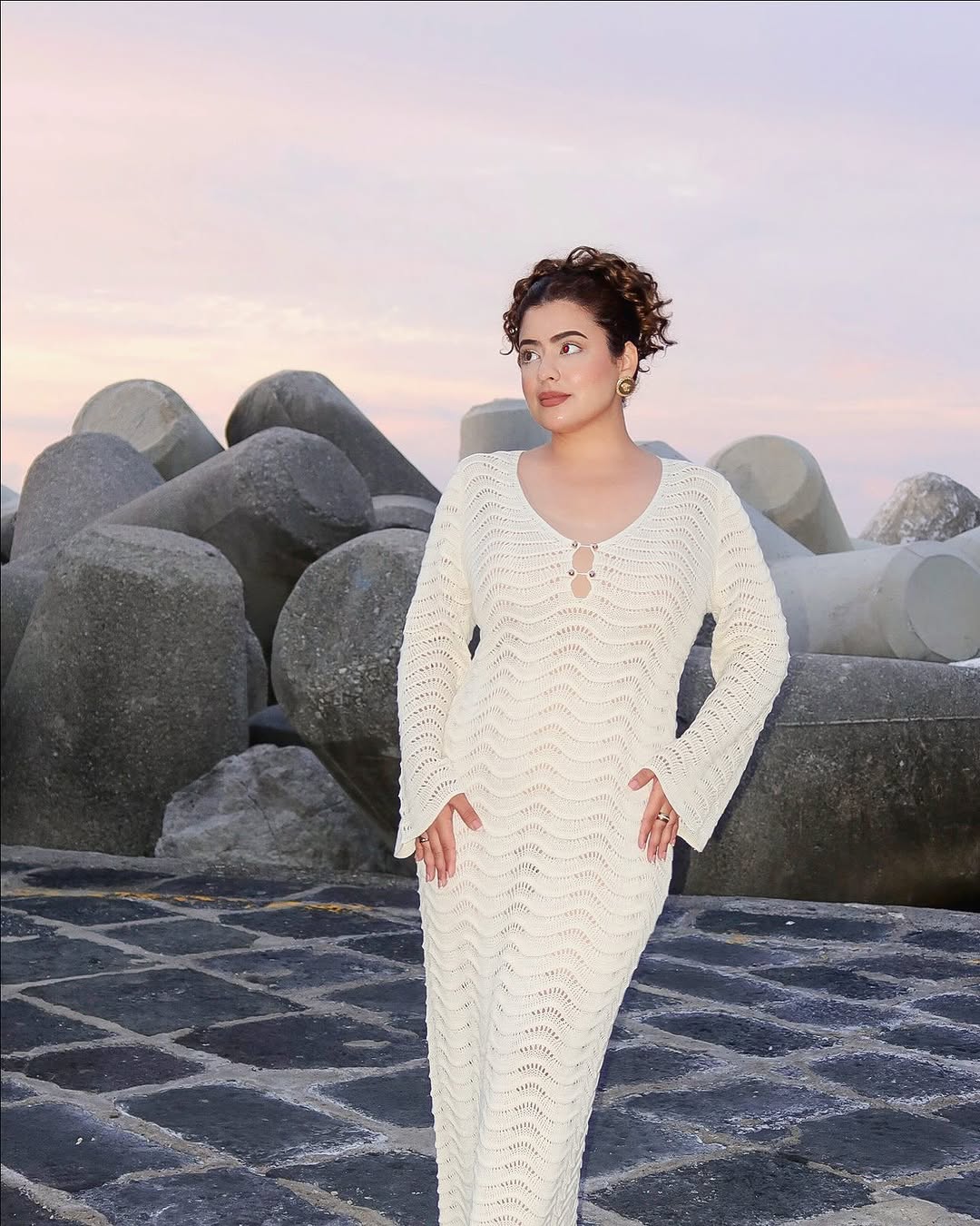 Shirly Luxe Crochet Knit Dress -Resortwear In Beige