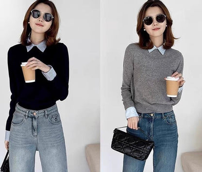 Blair Statement Tops with Attached Sweater In Grey