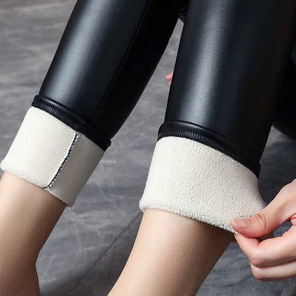 Roy Leather Slimming Premium Fleece Leggings In Brown