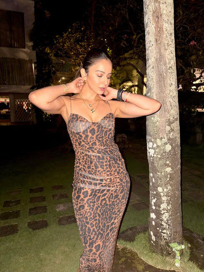 Leopard Print Bodycon Midi Dress In Brown