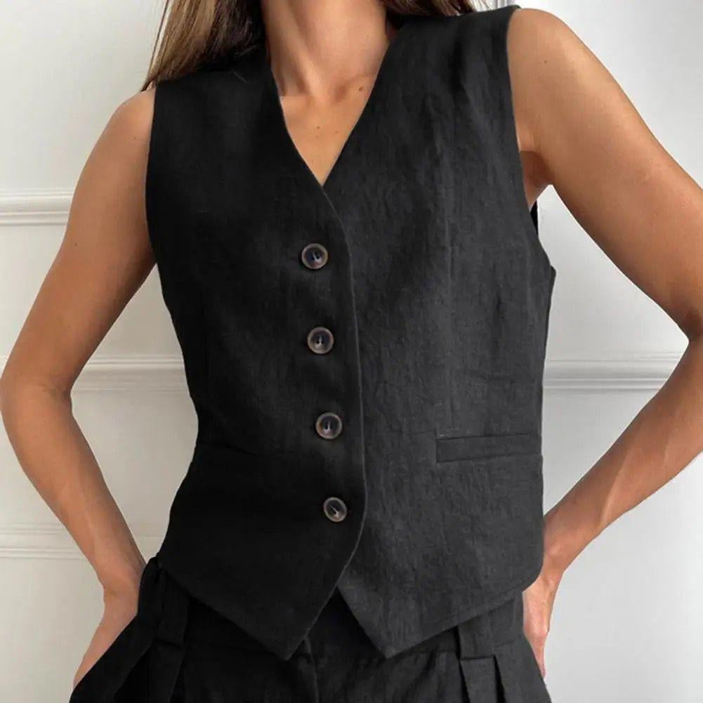 Hodor Statement Linen Vest Suit with Pants In Black