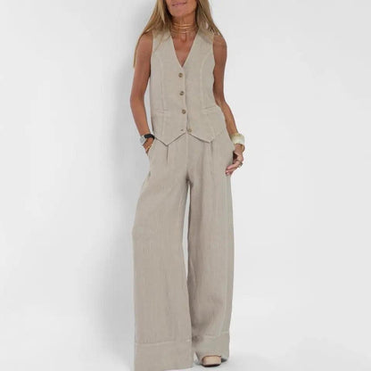 Laiden Statement Linen Vest Suit with Pants In Beige