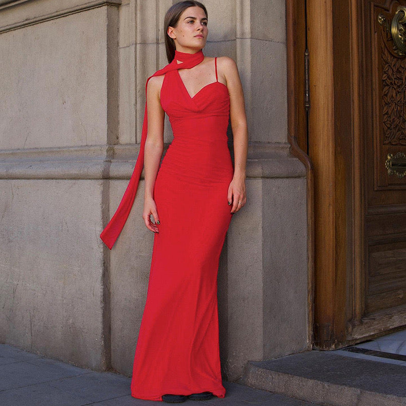 Saddle Statement Bodycon Dress With Attached Scarf In Red