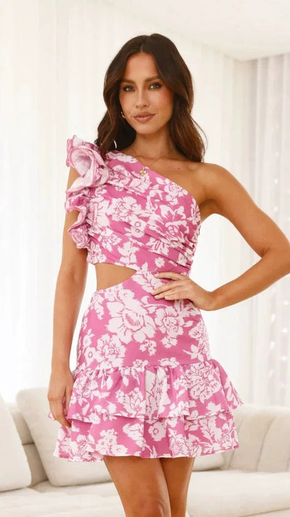 Rumena Floral One Shoulder Dress In Pink
