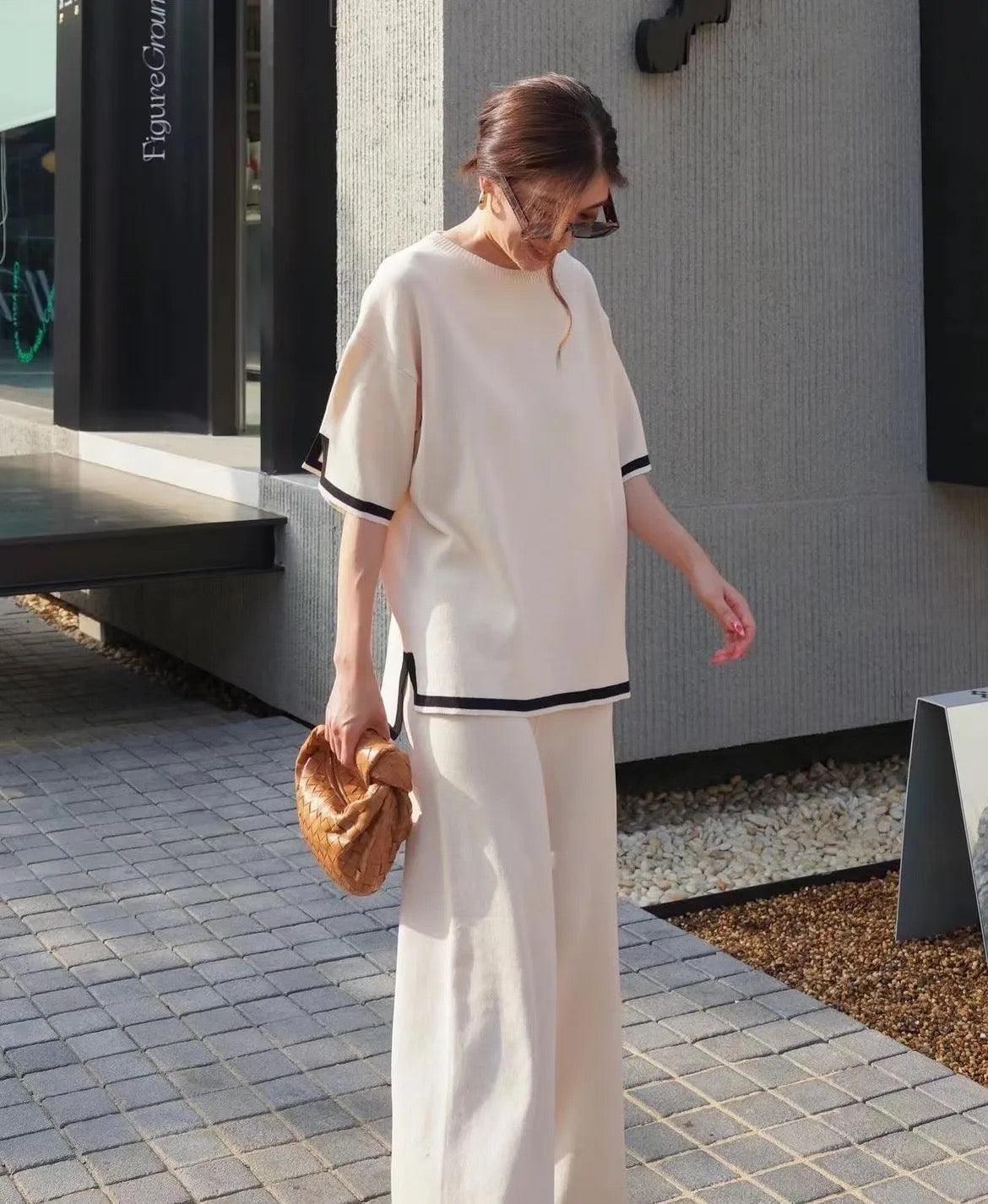 Flexxi Knitted Cotton Co-ord Set In Beige