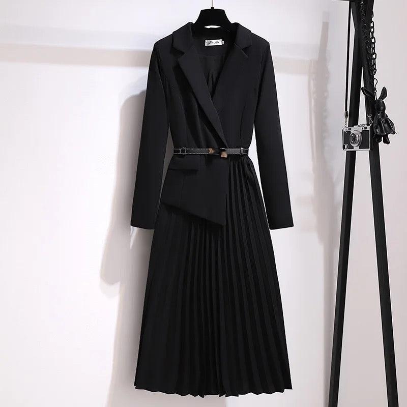Nova Elegant Pleated Blazer Dress In Black