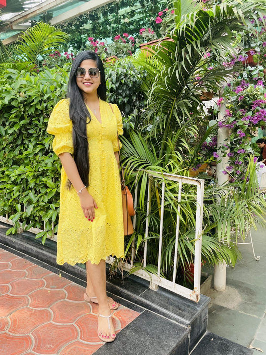 Luna Summer Cotton Eyelet Dress In Yellow