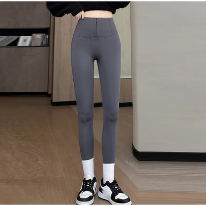 Martha Slimming Premium Fleece Leggings with Buttons In Grey