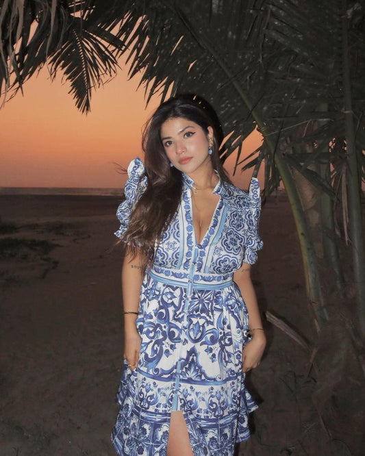 Bologna Porcelain Summer Vintage Dress In Blue